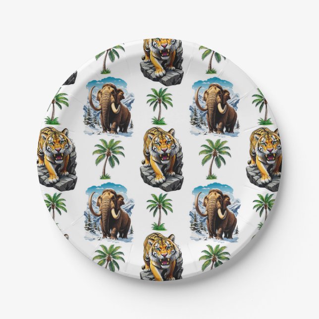 Ice Age Mammoth Sabertooth Tiger Pattern Design  Paper Plate (Front)