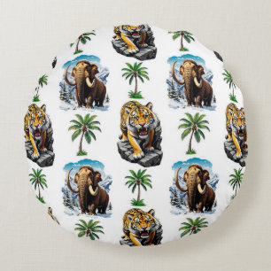 Ice Age Mammoth Sabertooth Tiger Pattern Design Round Cushion