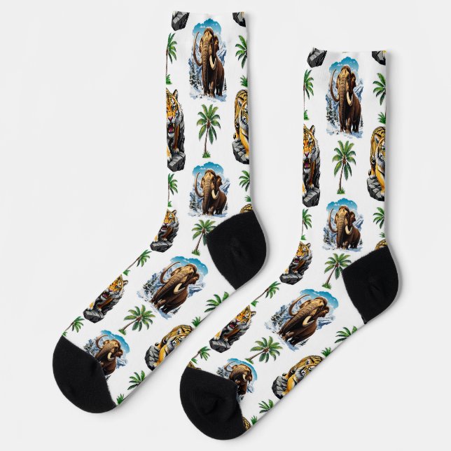 Ice Age Mammoth Sabertooth Tiger Pattern Design  Socks (Left)