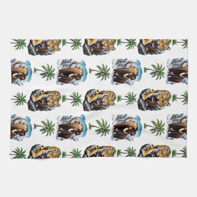Ice Age Mammoth Sabertooth Tiger Pattern Design  Tea Towel (Horizontal)