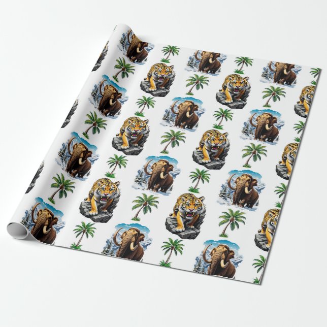 Ice Age Mammoth Sabertooth Tiger Pattern Design  Wrapping Paper (Unrolled)