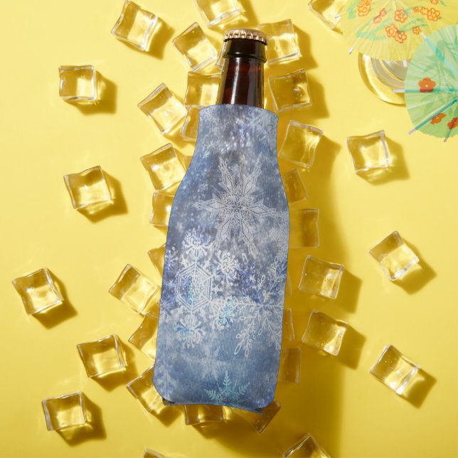 Ice and Snow Textured Blue Christmas Pattern Bottle Cooler (In Situ Summer)