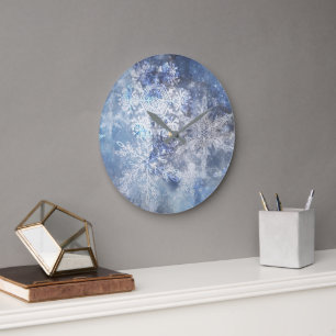 Ice and Snow Textured Blue Christmas Pattern Large Clock