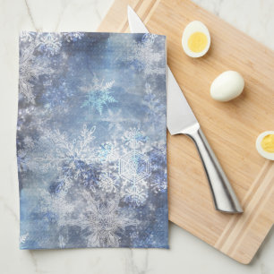 Ice and Snow Textured Blue Christmas Pattern Tea Towel