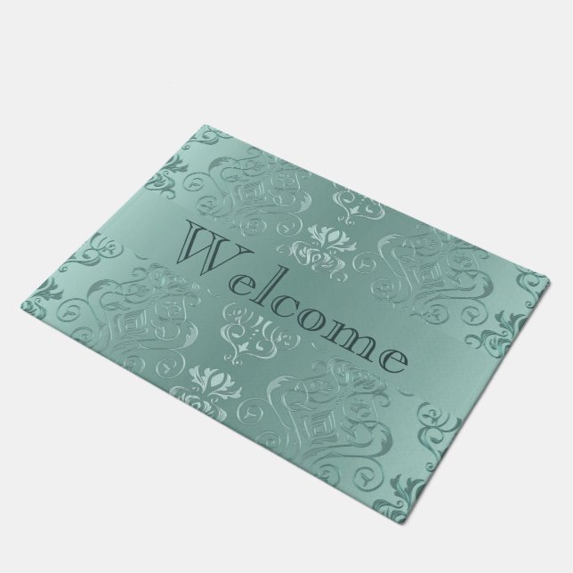 Ice Aqua Vintage Damask Print Doormat (Angled)