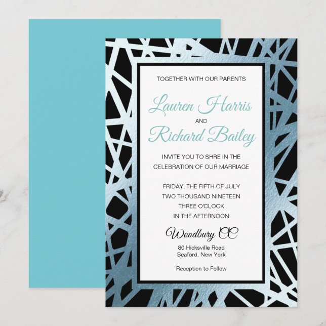 Ice Blue and Black foil Wedding Invitation (Front/Back)