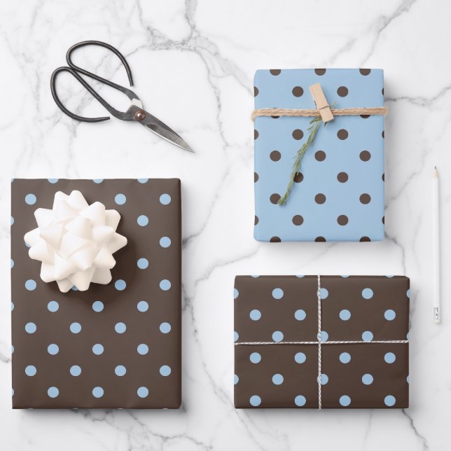 Ice Blue and Dark Brown Polka Dot Patterns Wrapping Paper Sheet (Front)