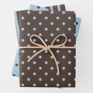 Ice Blue and Dark Brown Polka Dots & Stripes Wrapping Paper Sheet