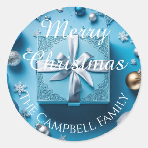 Ice Blue and Silver Gift Christmas Classic Round Sticker
