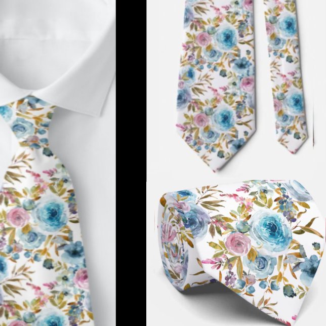 Ice Blue Blush Pink Floral Watercolor Roses Tie (Creator Uploaded)
