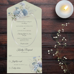 Ice Blue Bohemian Flowers on Sage Green  All In One Invitation