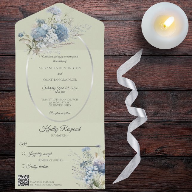 Ice Blue Bohemian Flowers on Sage Green QR Code All In One Invitation (Creator Uploaded)