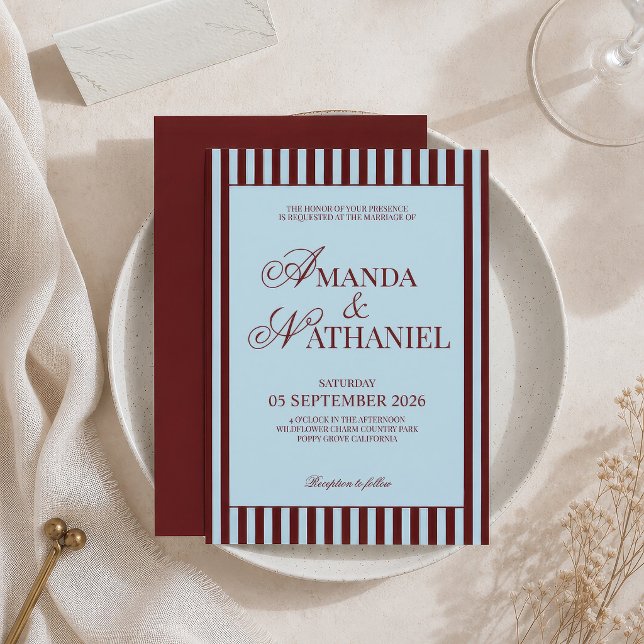 Ice Blue & Burgundy Stripes Retro Wedding Invitation (Creator Uploaded)