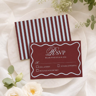 Ice Blue & Burgundy Stripes Retro Wedding RSVP Card