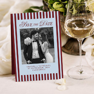Ice Blue & Burgundy Stripes Retro Wedding Save The Date