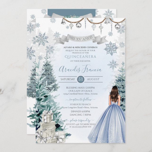 Ice Blue Christmas Holiday Winter Snow Quinceañera Invitation (Front/Back)