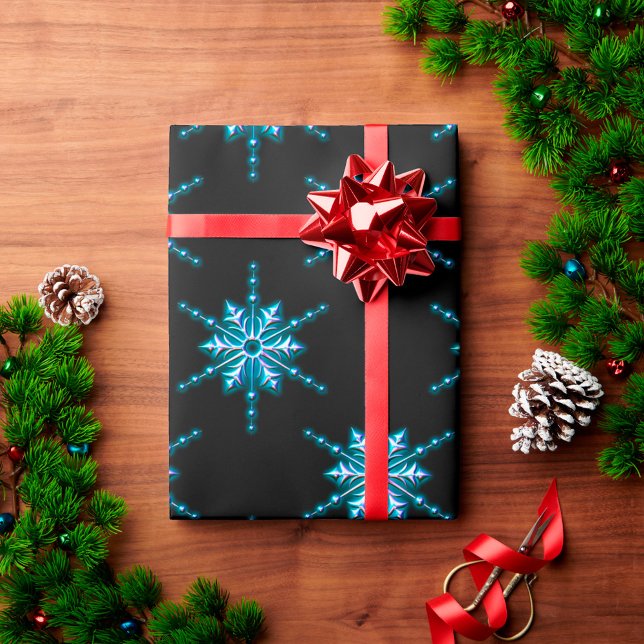 Ice Blue Christmas Star on Black Christmas Wrapping Paper (Creator Uploaded)