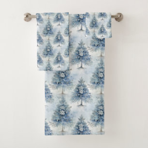 Ice Blue Christmas Trees and Poinsettias Bath Towel Set