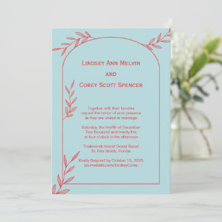 Ice Blue Coastal Wedding Invitation | Coral Accent