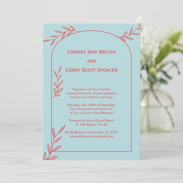 Ice Blue Coastal Wedding Invitation | Coral Accent (Standing Front)