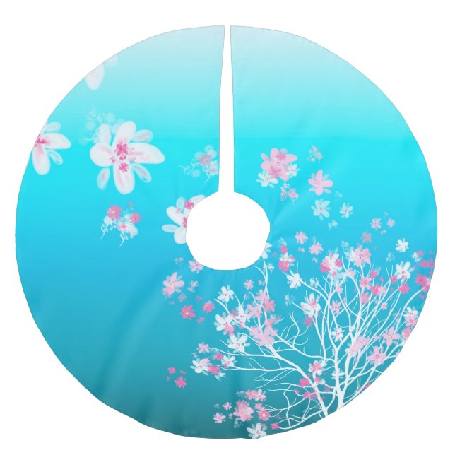 Ice blue colour fade with cherry blossoms brushed polyester tree skirt (Front)