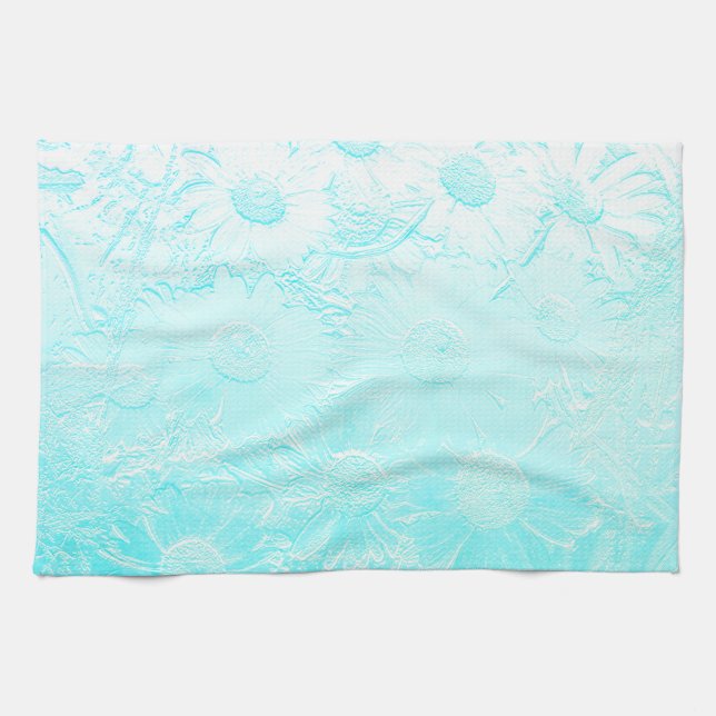 Ice blue daisy flowers embossed look floral tea towel (Horizontal)