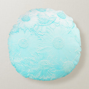 Ice blue embossed flowers round cushion