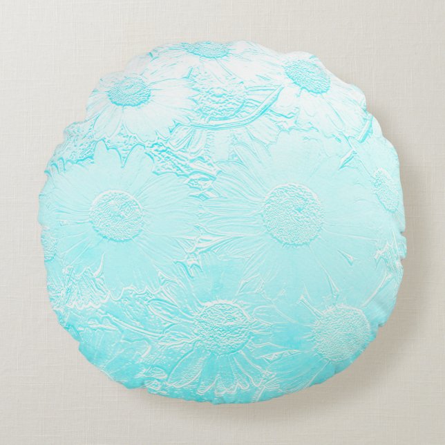 Ice blue embossed flowers round cushion (Front)