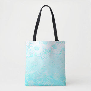Ice blue embossed flowers tote bag