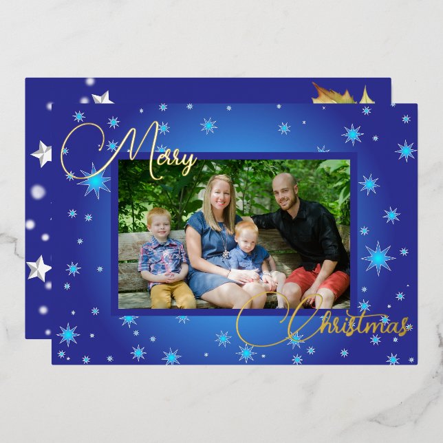 Ice Blue Family Photo Christmas Greeting Foil Holiday Card (Front/Back)