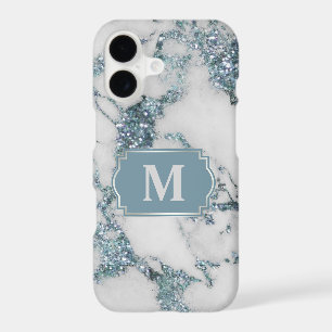 Ice Blue Faux Marble Glitter Monogram