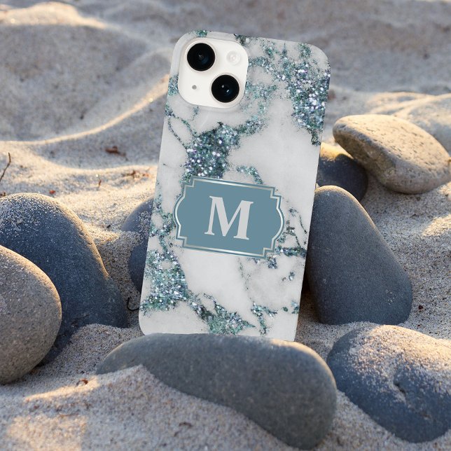 Ice Blue Faux Marble Glitter Monogram Case-Mate iPhone Case (Creator Uploaded)