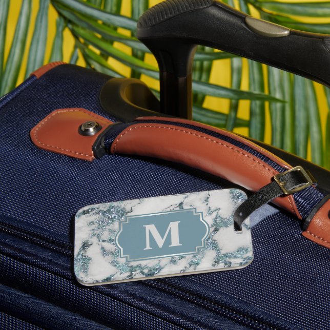 Ice Blue Faux Marble Glitter Monogram Luggage Tag (Front Insitu 3)