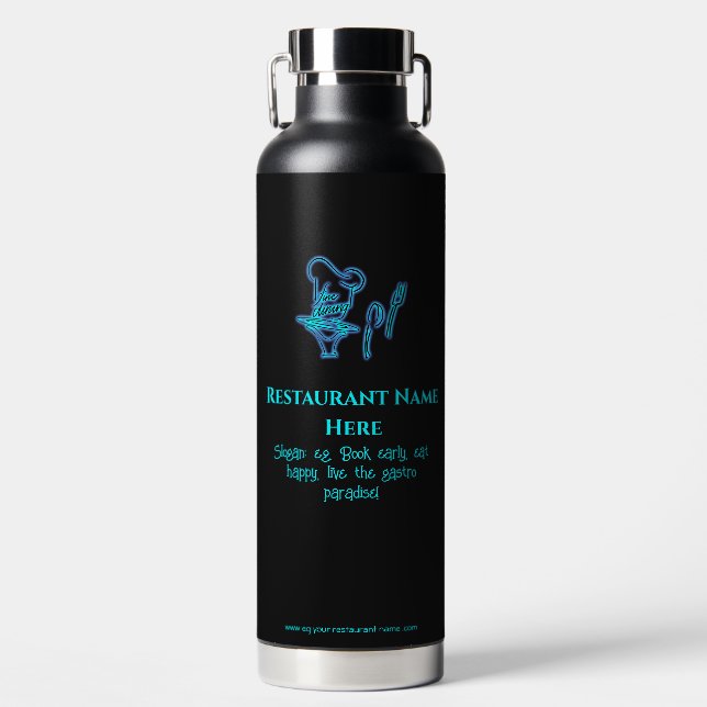 Ice blue fine dining restaurant logo water bottle (Front)