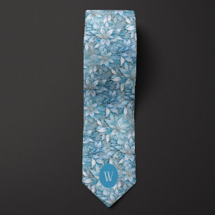 Ice Blue Floral Monogram Tie