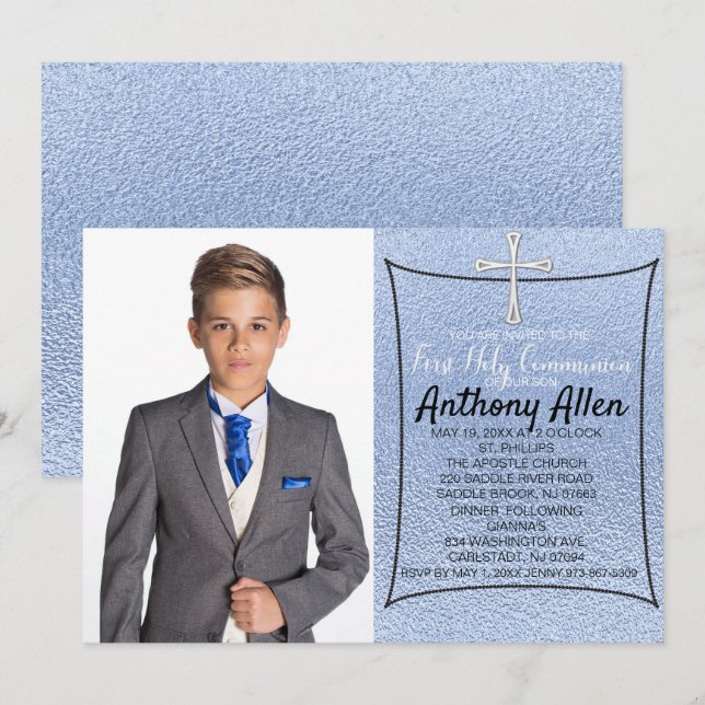Ice Blue Foil Photo First Holy Communion Invitation (Front/Back)