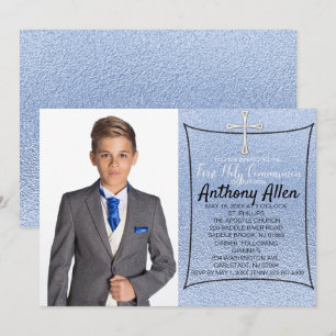 Ice Blue Foil Photo First Holy Communion Invitation