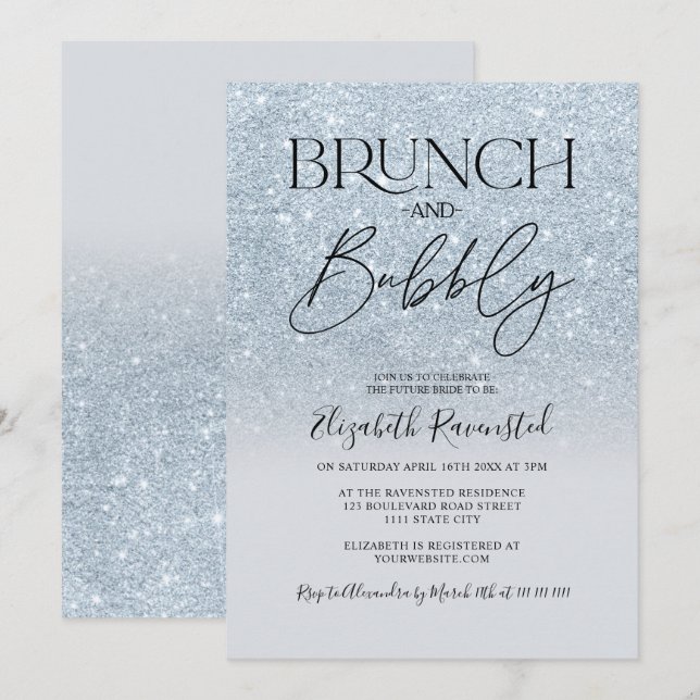 Ice blue glitter chic brunch bubbly bridal shower invitation (Front/Back)