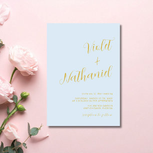 Ice Blue & Gold Minimal Modern Calligraphy Wedding Invitation