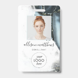 Ice Blue Grey Black Marble Background ID Badge