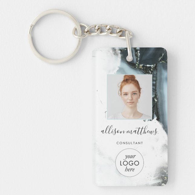 Ice Blue Grey Black Marble Background  Key Ring (Front)