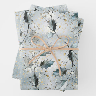 Ice Blue Grey Winter Holly Berries Golden Snowfall Wrapping Paper Sheet