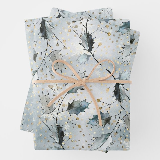 Ice Blue Grey Winter Holly Berries Golden Snowfall Wrapping Paper Sheet (In situ)
