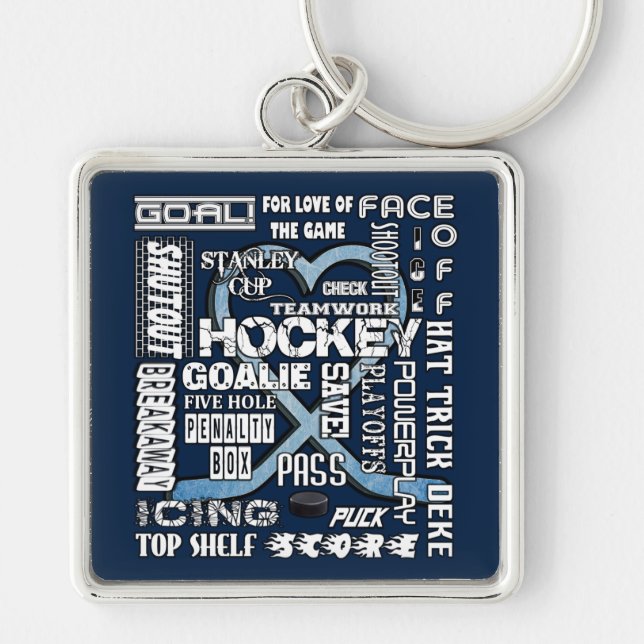 Ice Blue Heart Hockey Words White Logo 2 Key Ring (Front)