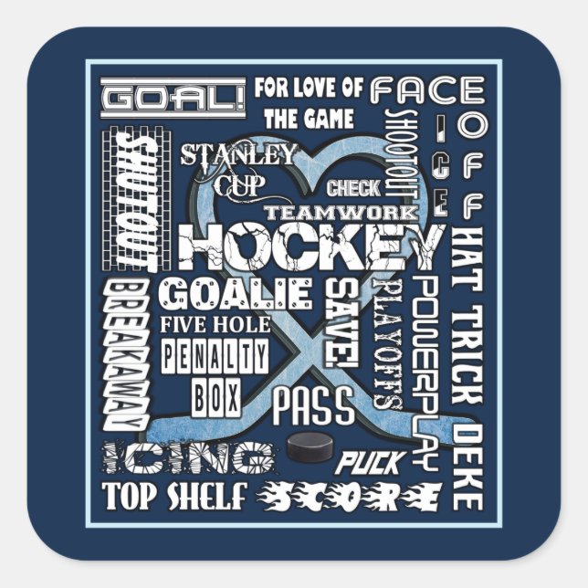 Ice Blue Heart Hockey Words White Logo 2 Square Sticker (Front)