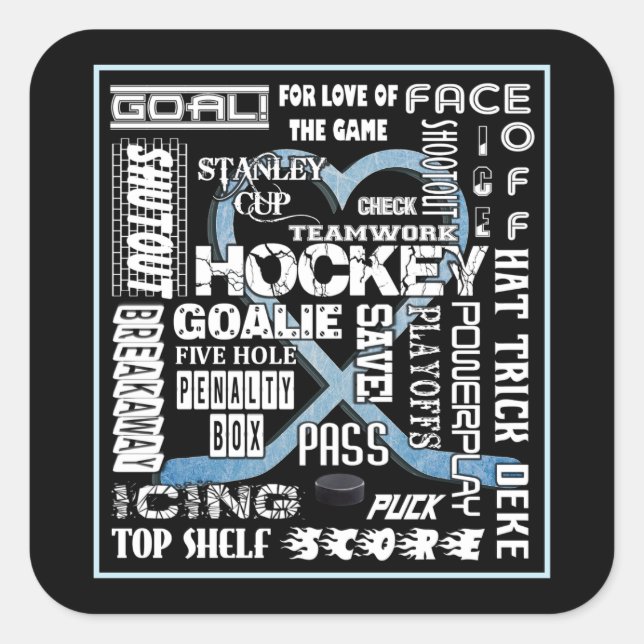 Ice Blue Heart Hockey Words White Logo Square Sticker (Front)