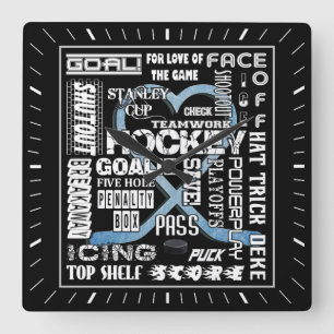Ice Blue Heart Hockey Words White Logo Square Wall Clock