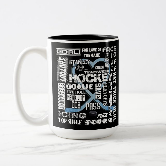 Ice Blue Heart Hockey Words White Logo Two-Tone Coffee Mug (Left)