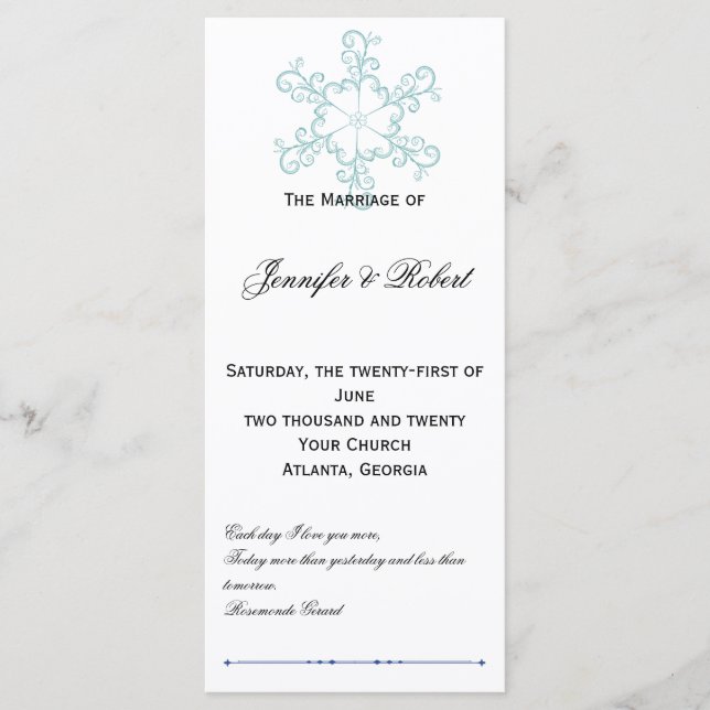 Ice Blue Heart Snowflake Wedding Program Programme (Front)