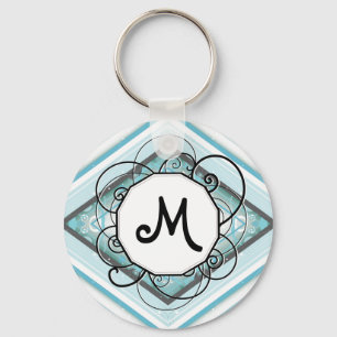 Ice Blue Modern-Retro Stripe Diamond with Monogram Key Ring